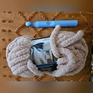 Chunky Sparkle Pink Chenille Yarn and Crochet Hook